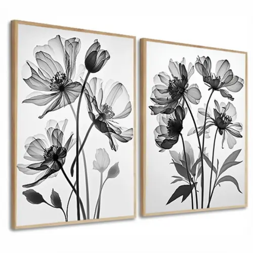 Kit 2 Quadros Decorativos Flores Preto e Branco com Moldura