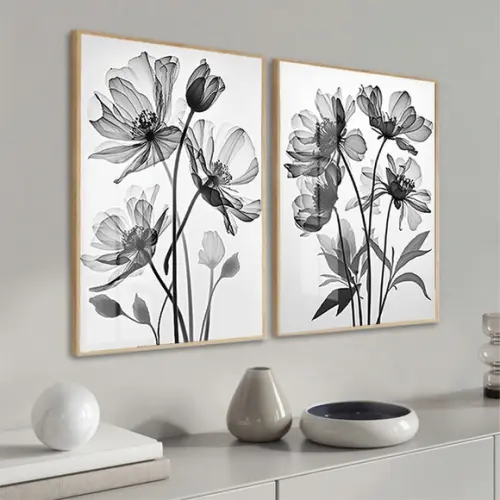 Kit 2 Quadros Decorativos Flores Preto Branco Moldura Vidro