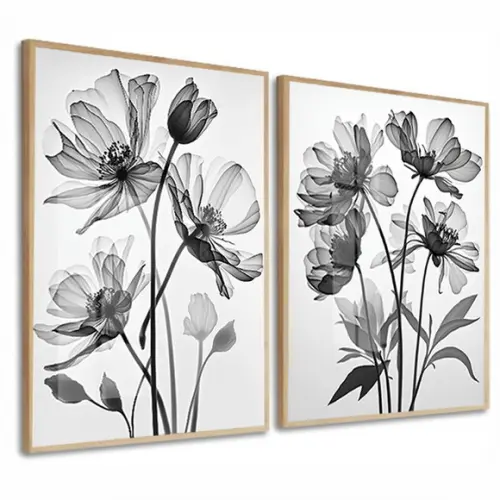 Kit 2 Quadros Decorativos Flores Preto Branco Moldura Vidro