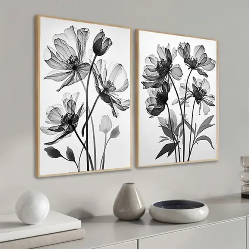Kit 2 Quadros Decorativos Flores Preto e Branco com Moldura