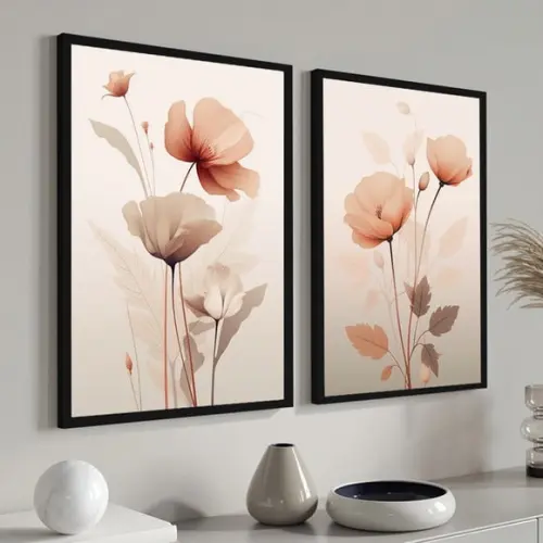 Kit 2 Quadros Decorativos Flores Rosa Quarto Hall Moldura