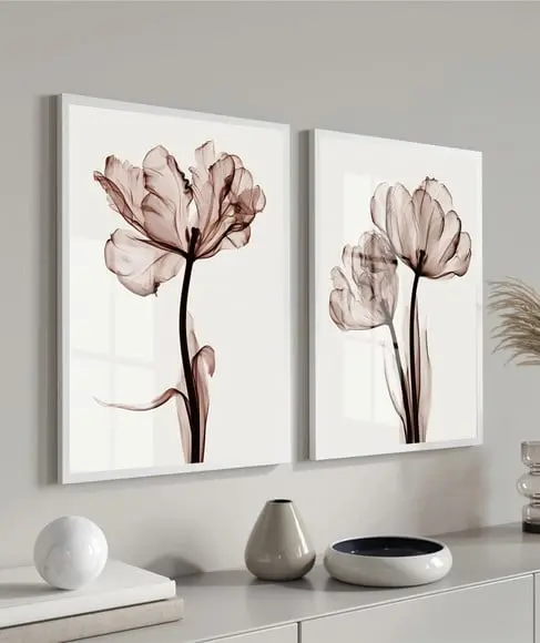 Kit 2 Quadros Decorativos Flores Quarto Sala Moldura e Vidro
