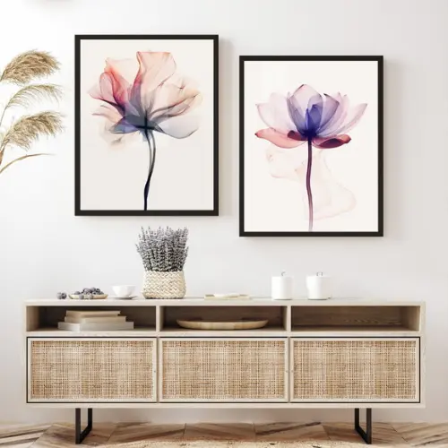 Kit 2 Quadros Decorativos Flores Rosa Sala Moderna com Vidro