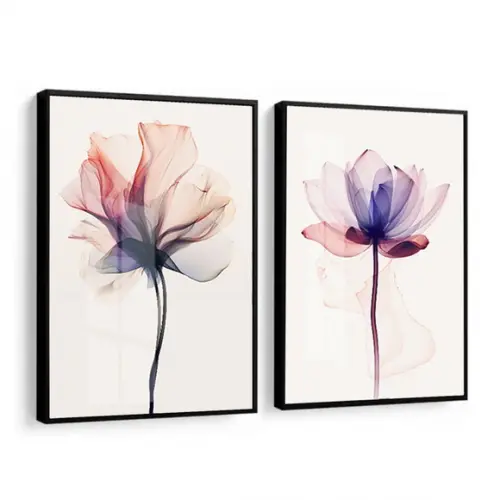 Kit 2 Quadros Decorativos Flores Rosa Sala Moderna com Vidro