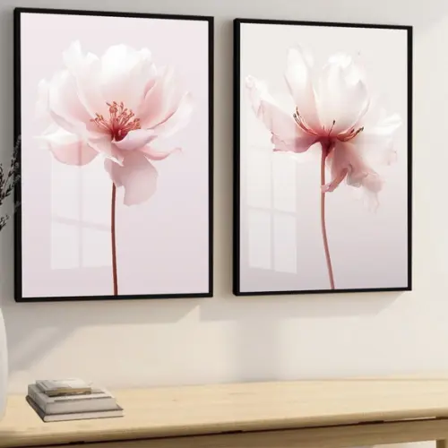 Kit 2 Quadros Decorativos Flores Rosa Sala Quarto com Vidro