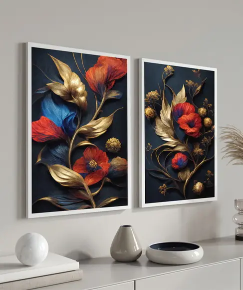 Kit 2 Quadros Decorativos Flores Vermelhas Douradas Moldura