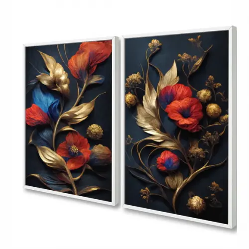Kit 2 Quadros Decorativos Flores Vermelhas Douradas Moldura
