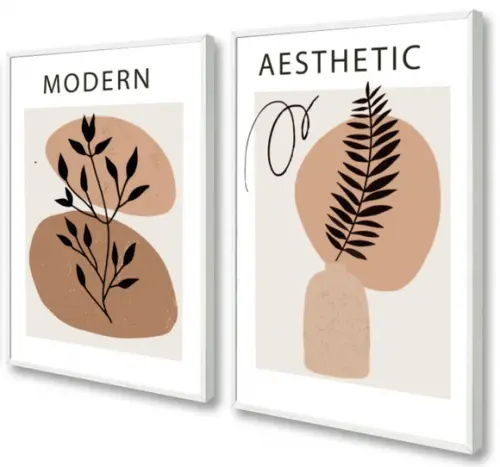 Kit 2 Quadros Decorativos Folhagem Abstrato Marrom Moldura