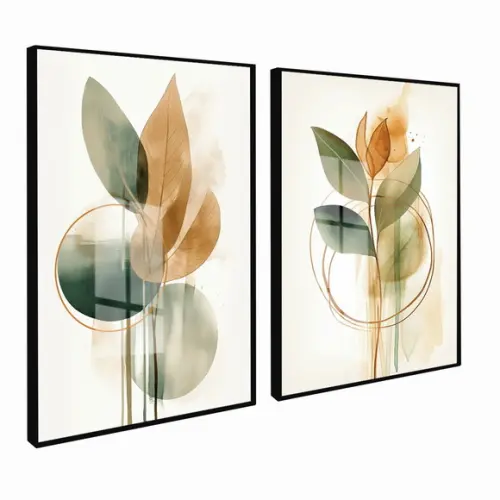 Kit 2 Quadros Decorativos Folhagem Abstrato Moderno Vidro