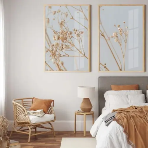 Kit 2 Quadros Decorativos Folhagem Bege Com Moldura e Vidro