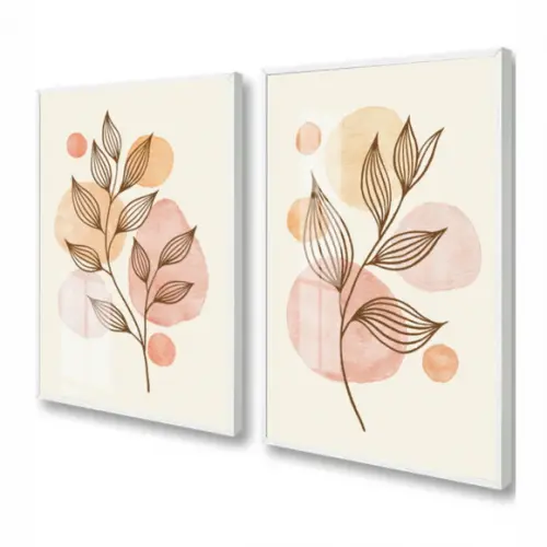 Kit 2 Quadros Decorativos Folhagem Abstrato Moldura e Vidro