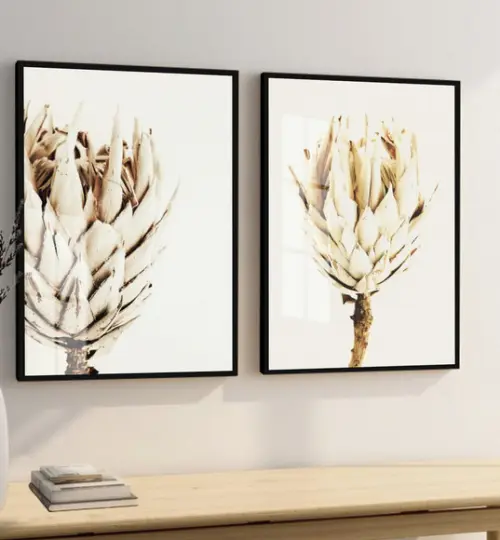 Kit 2 Quadros Decorativos Folhagem Bege Flor Moldura E Vidro