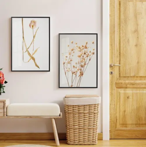 Kit 2 Quadros Decorativos Folhagem Bege Com Moldura e Vidro