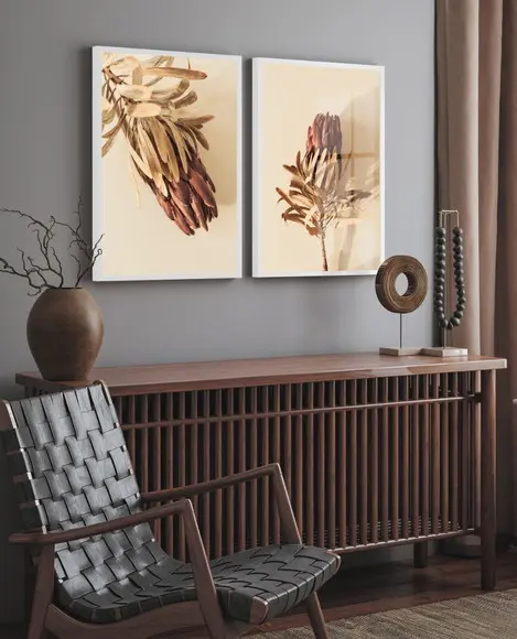 Kit 2 Quadros Decorativos Folhagem Bege Flores Moldura Vidro