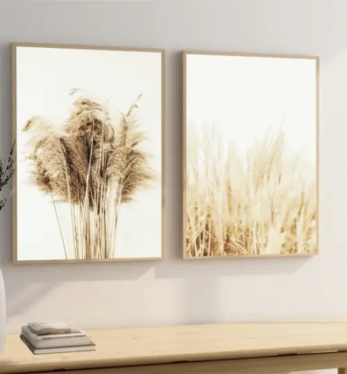 Kit 2 Quadros Decorativos Folhagem Bege Flores com Moldura