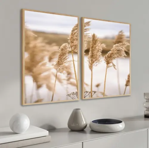 Kit 2 Quadros Decorativos Folhagem Bege Paisagem Com Moldura