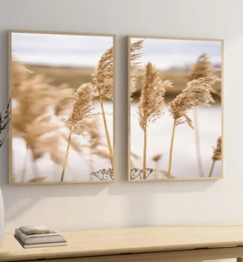 Kit 2 Quadros Decorativos Folhagem Bege Paisagem Com Moldura