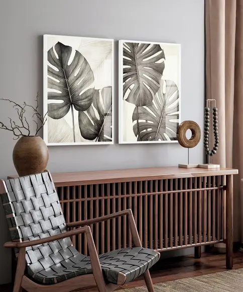 Kit 2 Quadros Decorativos Folhagem Costela de Adão com Vidro