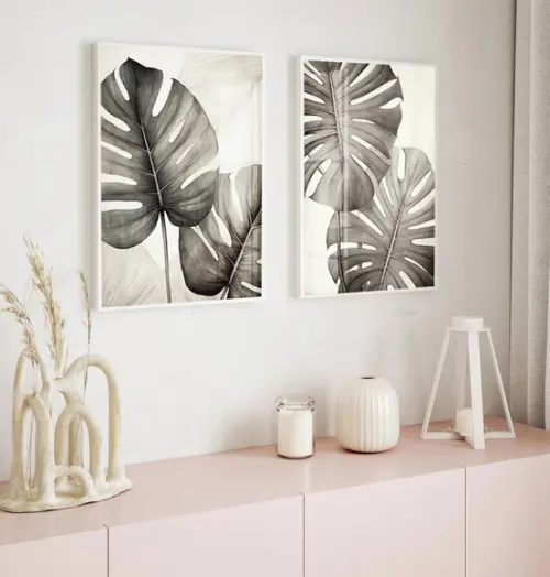 Kit 2 Quadros Decorativos Folhagem Costela de Adão com Vidro