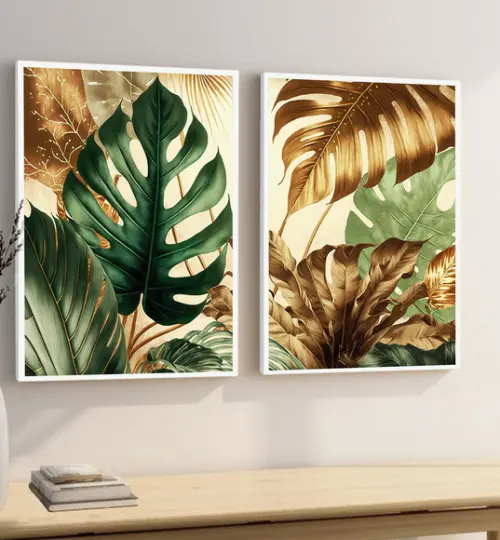 Kit 2 Quadros Decorativos Folhagem Costela de Adão Moldura