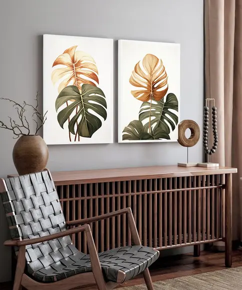 Kit 2 Quadros Decorativos Folhagem Costela de Adão Moldura