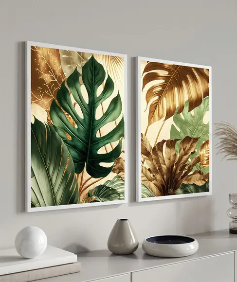 Kit 2 Quadros Decorativos Folhagem Costela de Adão Moldura