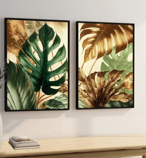 Kit 2 Quadros Decorativos Folhagem Costela de Adão Moldura