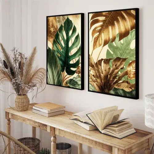 Kit 2 Quadros Decorativos Folhagem Costela de Adão Moldura