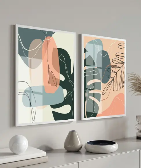 Kit 2 Quadros Decorativos Folhagem Desenho Moldura e Vidro