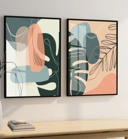 Kit 2 Quadros Decorativos Folhagem Desenho Moldura e Vidro