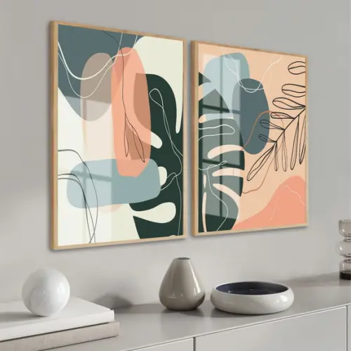 Kit 2 Quadros Decorativos Folhagem Desenho Moldura e Vidro