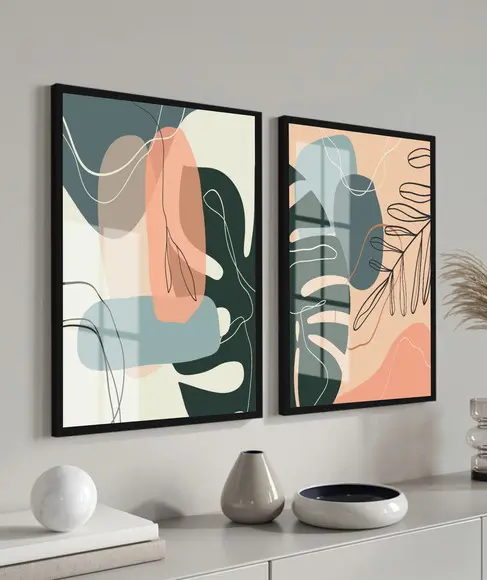 Kit 2 Quadros Decorativos Folhagem Desenho Moldura e Vidro