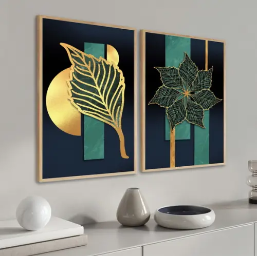 Kit 2 Quadros Decorativos Folhagem Dourada Abstrato Moldura