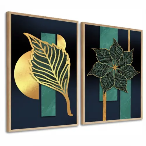 Kit 2 Quadros Decorativos Folhagem Dourada Abstrato Moldura