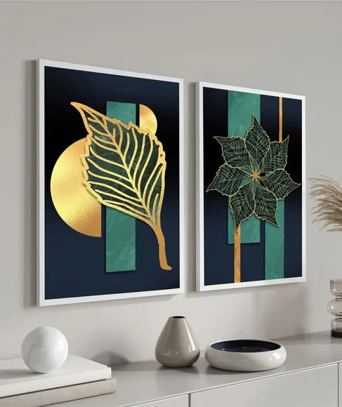 Kit 2 Quadros Decorativos Folhagem Dourada Abstratos Moldura