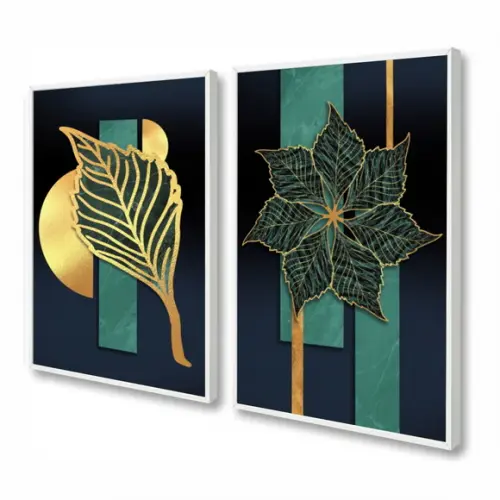 Kit 2 Quadros Decorativos Folhagem Dourada Abstratos Moldura