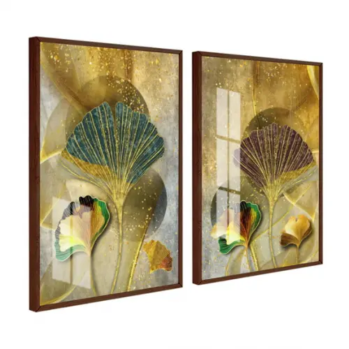 Kit 2 Quadros Decorativos Folhagem Dourada com Moldura Vidro