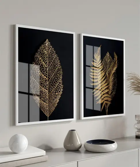 Kit 2 Quadros Decorativos Folhagem Dourada Com Moldura Vidro