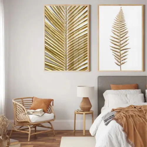 Kit 2 Quadros Decorativos Folhagem Dourada Com Vidro Moldura