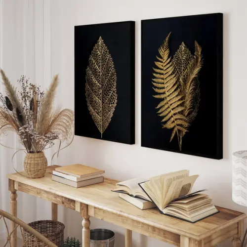 Kit 2 Quadros Decorativos Folhagem Dourada Flor Com Moldura