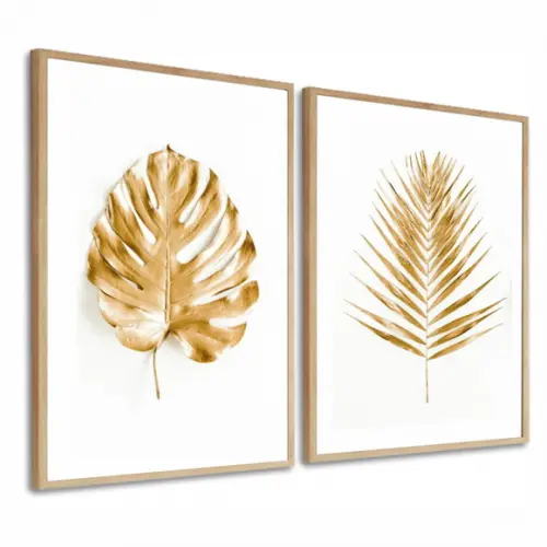 Kit 2 Quadros Decorativos Folhagem Dourada Gold Com Moldura