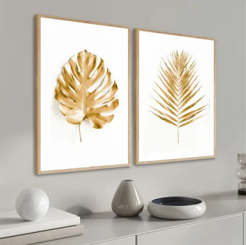 Kit 2 Quadros Decorativos Folhagem Dourada Gold Com Moldura