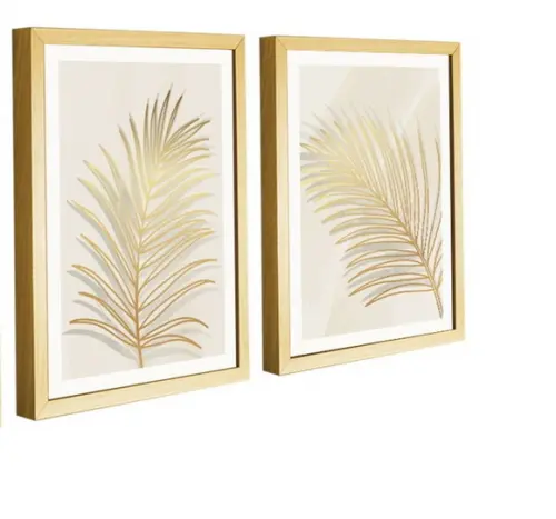 Kit 2 Quadros Decorativos Folhagem Dourada Gold com Molduras