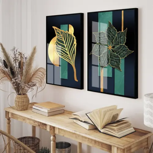 Kit 2 Quadros Decorativos Folhagem Dourada Moldura E Vidro