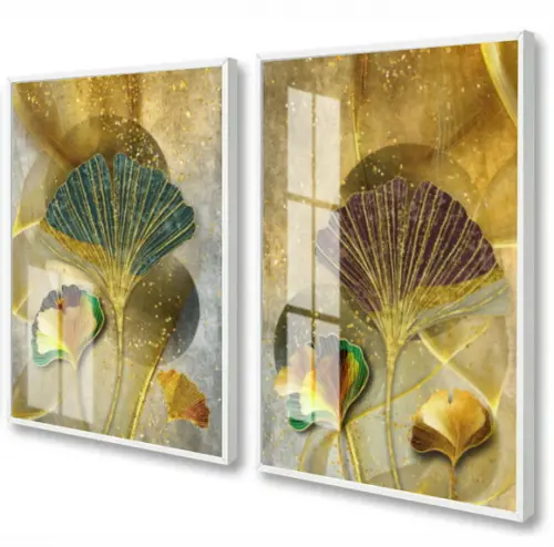 Kit 2 Quadros Decorativos Folhagem Dourada Moldura e Vidro
