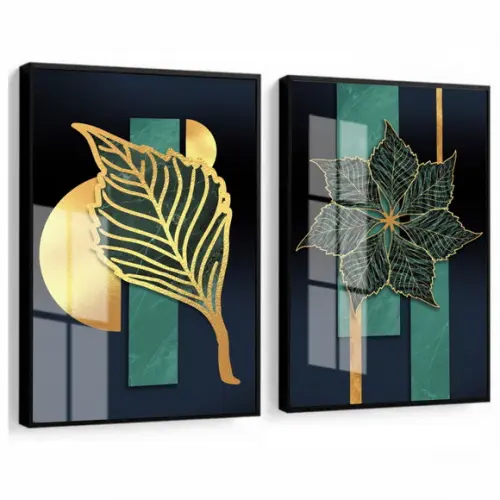 Kit 2 Quadros Decorativos Folhagem Dourada Moldura E Vidro