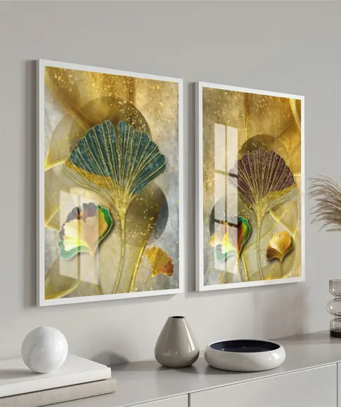 Kit 2 Quadros Decorativos Folhagem Dourada Moldura e Vidro
