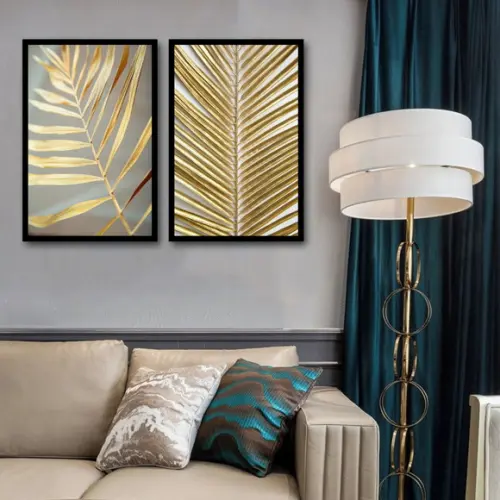 Kit 2 Quadros Decorativos Folhagem Dourada Para Sala Moderno