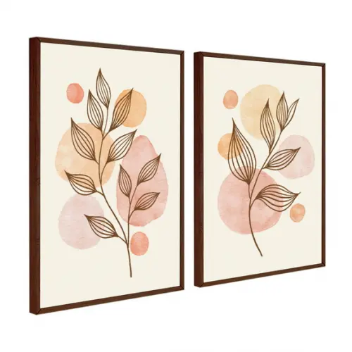 Kit 2 Quadros Decorativos Folhagem Flores Abstrato Moldura