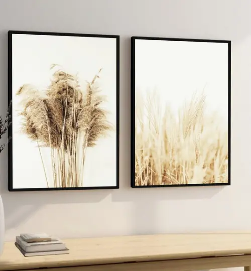 Kit 2 Quadros Decorativos Folhagem Flores Bege Com Moldura